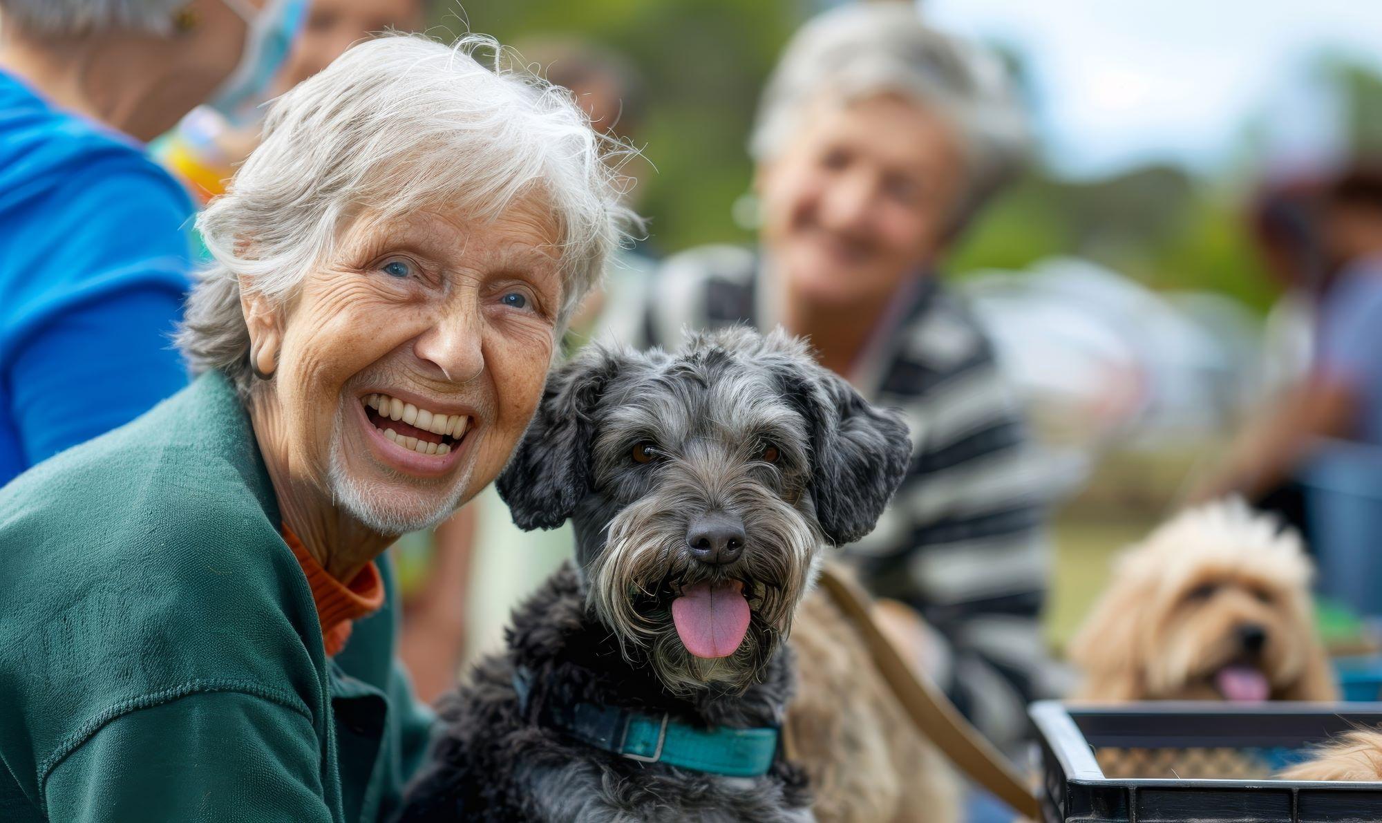 Smiling older adult with dog 